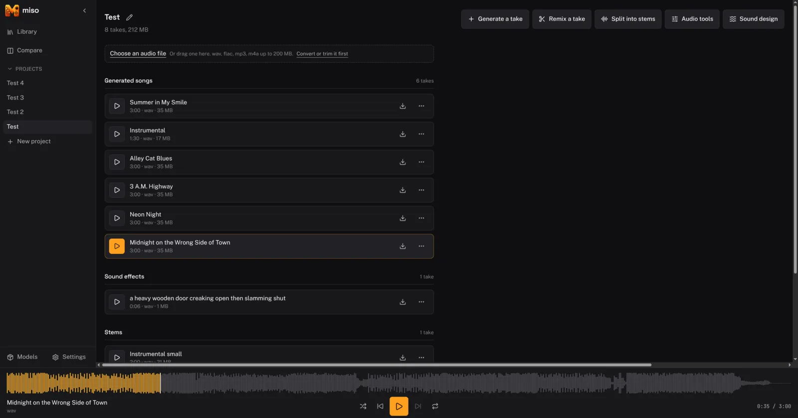 The Miso project page, showing a song list, waveform and job queue