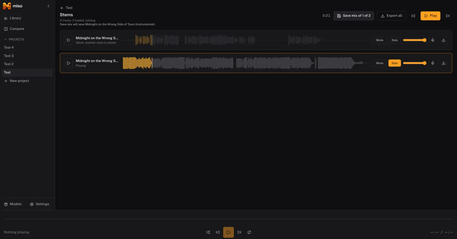 The Miso stems screen, showing separated vocal and instrumental tracks